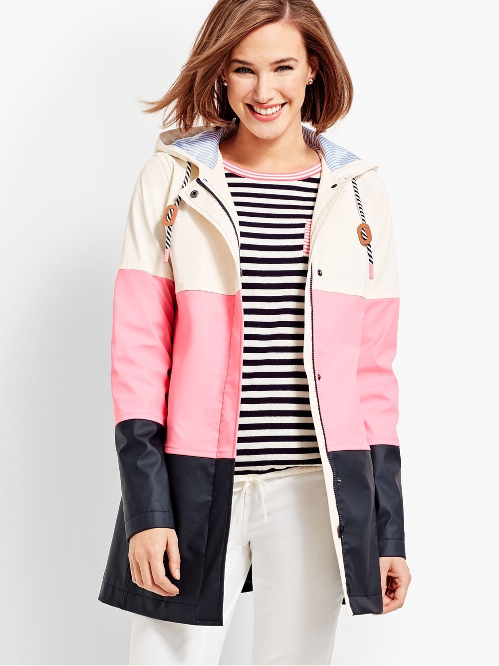 Talbots Pink Cream and Black Colorblock Hooded Rain Coat/Jacket